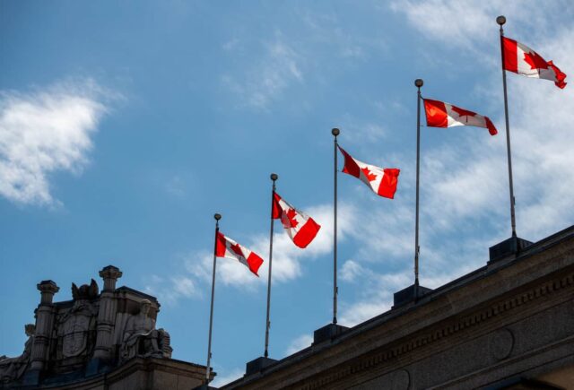 Line of Canadian flags in the sky.