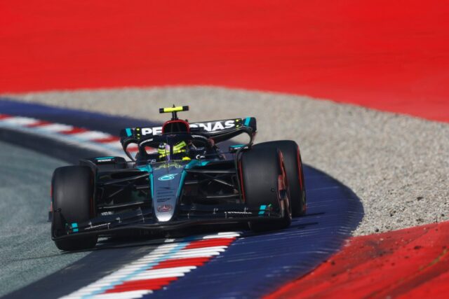 Mercedes-AMG Petronas F1 car races at the 2024 Austrian Grand Prix.