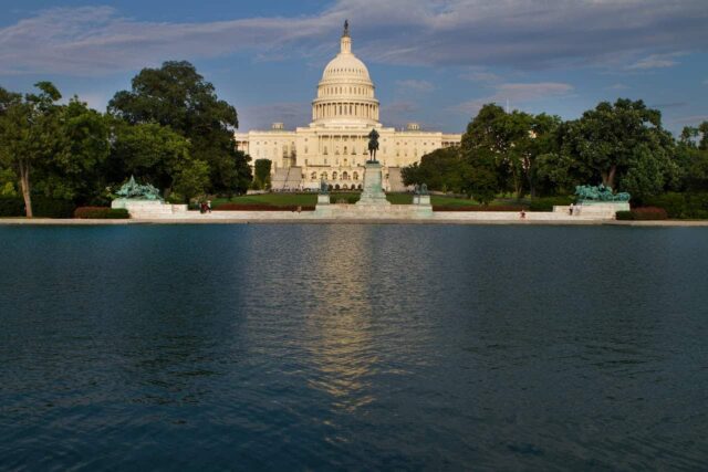 US Capitol building and body of water in Washington DC.