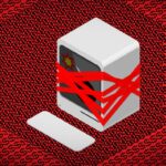 Illustration of a desktop computer wrapped in red tape