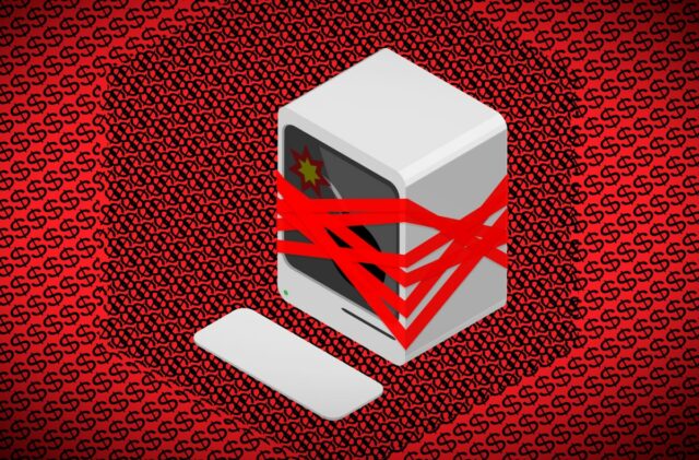 Illustration of a desktop computer wrapped in red tape