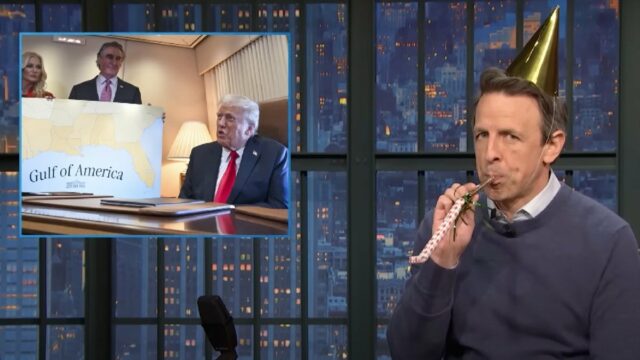 Seth Meyers widerwillig berühmt "Gulf of America Day", ein Partyhut und alles | Video

